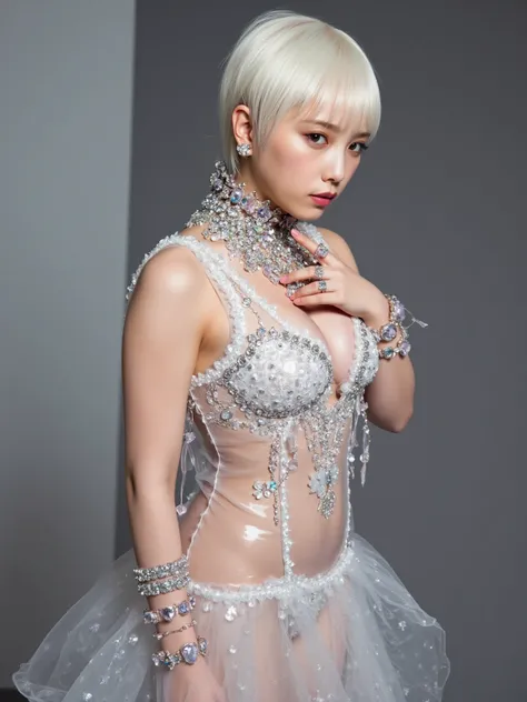 Image of jeweled Goddess, pure white pixie cut hair, jeweled revealing sexy dress, see through fabric goddess dress, ((white and pink and blue jeweled outfit)), (Huge breasts, cleavage, erect nipples, slender body, abs, curvy body, bare buttocks, thin thig...