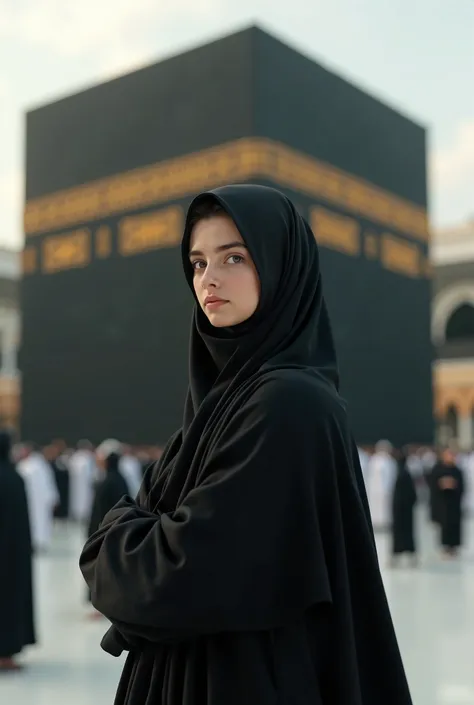 A girl who is here dress is black hijab and she is in khana  3d render realistic background khana kaba