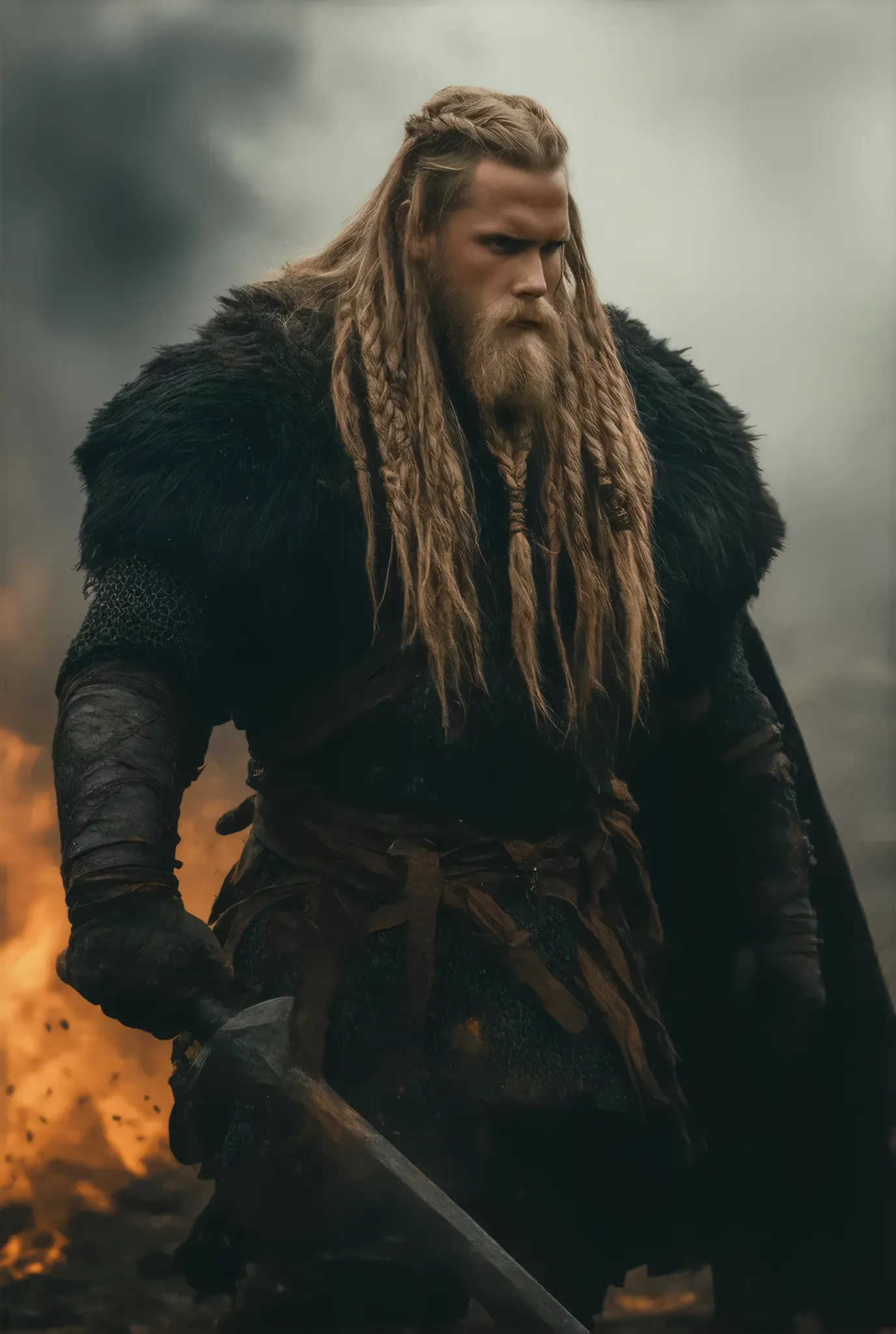 Viking, very long blonde hair, braids, long blonde beard, braids, spear, battleground background, high detail, masterpiece.