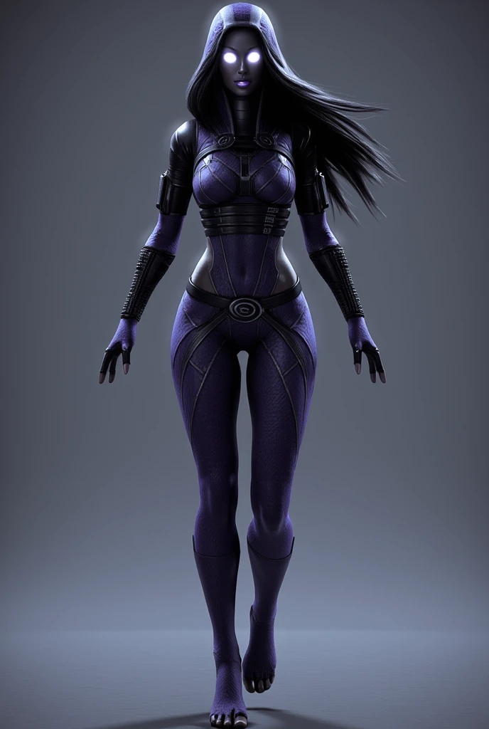 Tali Zorah unmasked standing with arms spread apart legs long black hair white eyes wearing purple bikini bare feet full body view