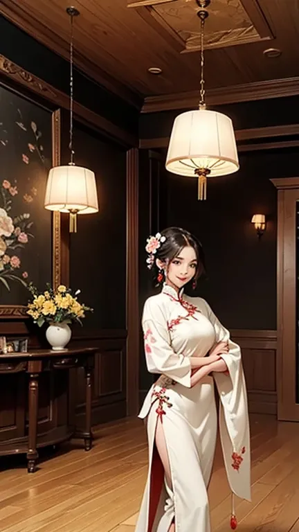 half photo,Chinese-style belly pocket,Elegant Asian woman in traditional attire, looking at viewer ,smile,a red qipao with a pattern of reddish-brown and pale yellow flowers. The dress has a subtle sheen open revealing a white shirt inside. ,adorned with a...