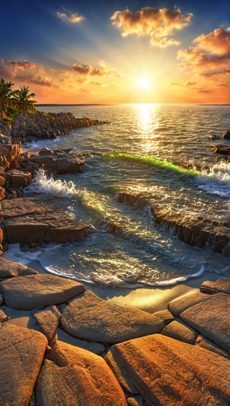 Coastal, imagination, (realistic), clear sky, compositing, sun sunset, (hdr:1.5),  outdoor,  poster intricate details,