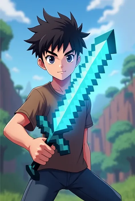 Anime guy in brown t-shirt holding blue diamond sword from minecraft