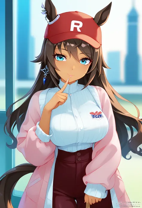 (day:1.7), Japan, Tokyo, CityView, Before Window,
Standing at attention,
baseball_cap,pink_coat,baseball_uniform,
((Symboli Kris SUma musume,Brown skin, horse ears, horse tail, dark brown hair, long hair, earrings,sksuma, aqua eyes, dark skin, dark-skinned...