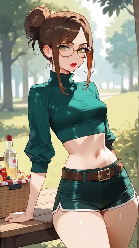 top quality, masterpiece, ultra high definition, 1 anime girl with brown hair bun hairstyle and green eyes , lipstick, shiny skin, whole body, small breasts, glasses, turtleneck, green sweater, crop top, navel, midriff, belt, brown shorts, background picni...