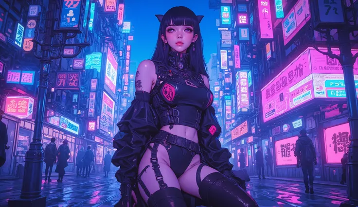  top quality　Ultra delicate　Japanese anime anime　 one pretty girl　Pink light　blue-purple scenery 　 The downtown area of the future　Strong shadows 　 strong contrast 　 cyberpunk　Big breasts Underboob　 thighs　 twin tails　 twin tails