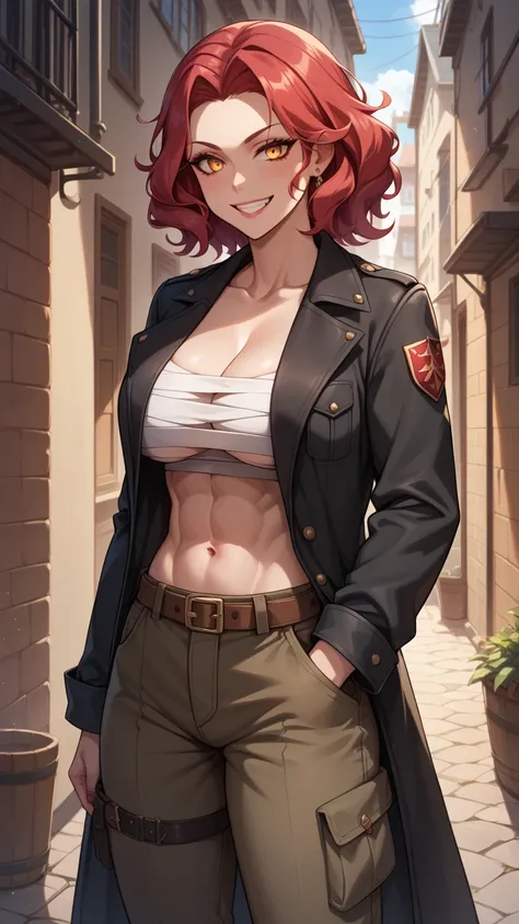 Brilliant female criminal with short disheveled crimson hair with sharp golden eyes, toned body and big breasts , wearing a black trench coat ,  cargo pants,  bandages that cover her breasts and reveal her stomach while smiling in a Yandere way in front of...