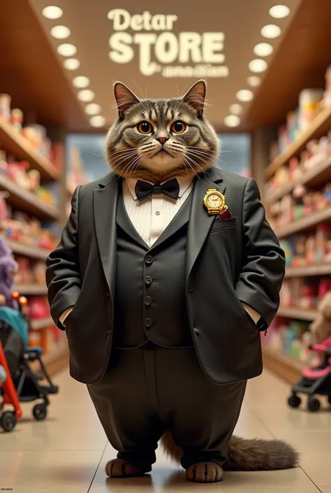 "A fat cat, Now rich ,  standing proudly in a luxurious toy store .  The cat wears an elegant suit and a gold watch ,  demonstrating their success .  The store is well lit ,  with shelves full of high-quality toys ,  like strollers and dolls . customers,  ...