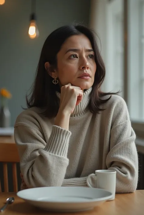 A 35-year-old woman with straight hair, sitting at the dining table, wearing a high-necked sweater .