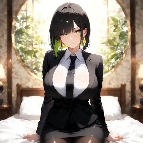 masterpiece, (((( best quality )))),1 girl, Japanese Anime ,,shiny skin, wearing a black suit,skirt suit, black tie , dark hair, short bob hair,The inner color of the hair is green, green eyes,isosceles triangle earrings, black tights,large breasts