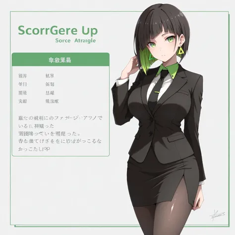 masterpiece, (((( best quality )))),1 girl, Japanese Anime ,character profilele,shiny skin, wearing a black suit,skirt suit, black tie , dark hair, short bob hair,The inner color of the hair is green, green eyes,isosceles triangle earrings, black tights,la...