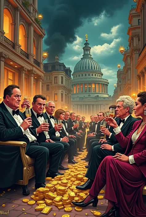 A highly detailed cartoon of elitest snobs drinking wine, partying, limousines, private jets, gold bars, money, war, drugs. Sign that says "Brussels hates Democracy"