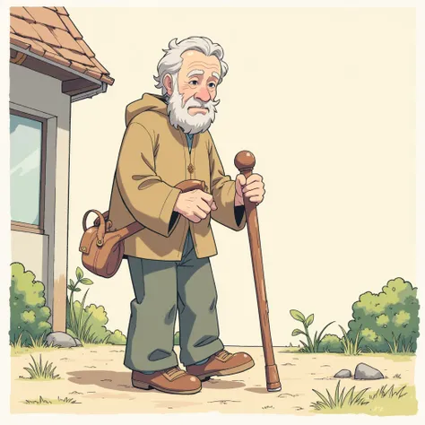 Grandpa making a cane、Taking a walk、The building is in the background、2D illustration、illustration、Anime Design、 A clear line、Clear lines 、Thick Line、 simple illustration without gradation。