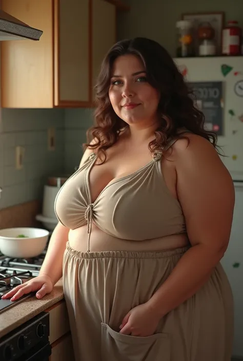 Chubby beauty wearing pussy is cooking in a simple kitchen