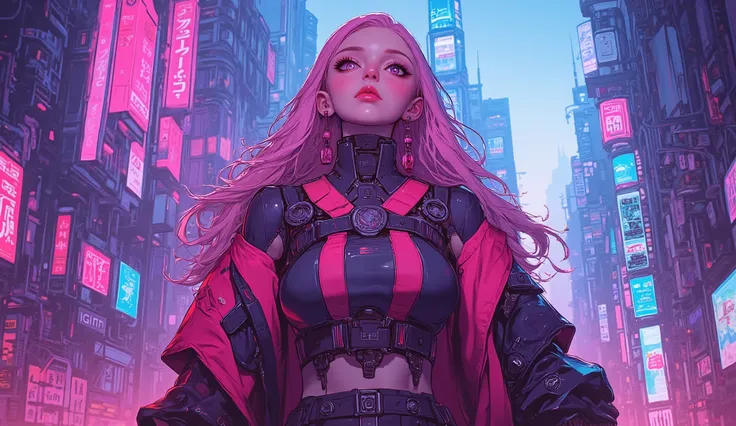  top quality　Ultra delicate　Japanese anime anime　 one pretty girl　Pink light　blue-purple scenery 　 The downtown area of the future　Strong shadows 　 strong contrast 　 cyberpunk　Big Breasts 　 twin tails　 twin tails