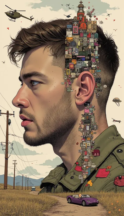 Army soldiers、 handsome、profile、's face from the mouth、 surreal  collage, a contemporary artistic  collage,  collage artwork, new album jacket, Great Job  , digital  collage, (  collage ),  collage art, contemporary  collage, mixed media  collage,  surreal...