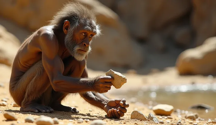 A primitive Homo habilis crouches near a dry riverbed, gripping a rough stone in one hand and another in the other. He strikes them together—at first, nothing happens. He tries again. A tiny spark flickers. His wide, deep-set eyes reflect curiosity and won...