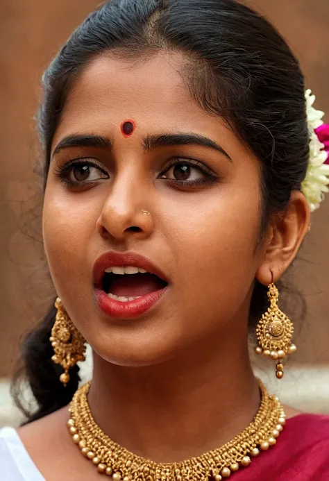 Ultra detailed photo of malayali woman, beautiful girl, highest quality realistic skin, eyes in focus, 25 years old, focus on mouth, open mouth, saliva, open mouth wide, inside of mouth visible, ponytail hair, mouth open wide, uvula visible, mouth open wid...