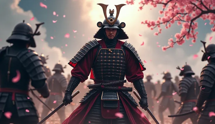 A fearless Samurai in battle, surrounded by multiple enemies, yet he stands unshaken. His eyes burn with determination, and his stance is steady, embodying raw courage. The background is dramatic, with stormy clouds and flying cherry blossom petals, symbol...