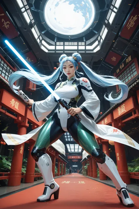 Best quality, beautiful (Asian:2) woman, light blue hair,pigtails, Chinese hair buns and ornaments, Green eyes,Colossal ,White Cybersuit,Bodysuits, battle boots, holding lightsaber, spaceship at the background in the space