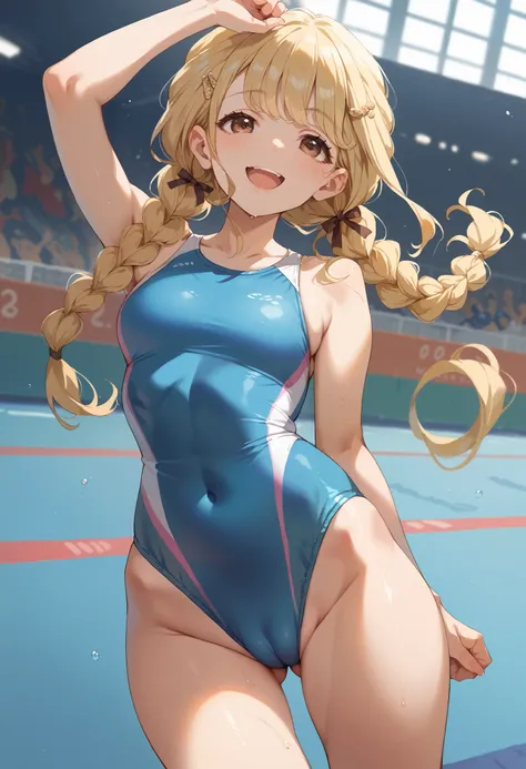 score_9, score_8_up, score_7_up, score_6_up, score_5_up, score_4_up,newest,fujita kotone,brown eyes, blonde hair,twin braids,hair ornament,(white hairclip:0.8),(competition swimsuit:1.3),cameltoe,smile,open mouth,