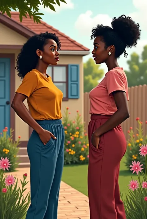 Two black women talking in front of their house
