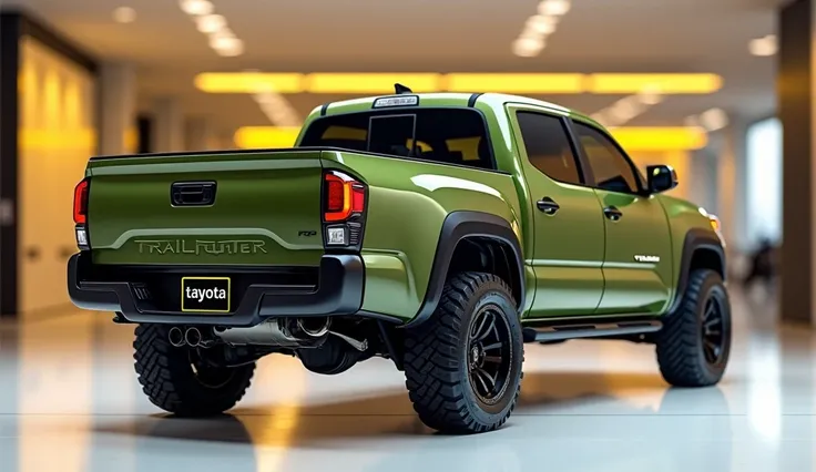 create an ultra-detailed 3D render straight Back view, of a Classic ( 2025 toyota tacoma trailhunter  ) with a bold design captured from straight back view. The car should feature a 'Gleamy  (green )color with a (2025 toyota tacoma trailgunter )logo on its...