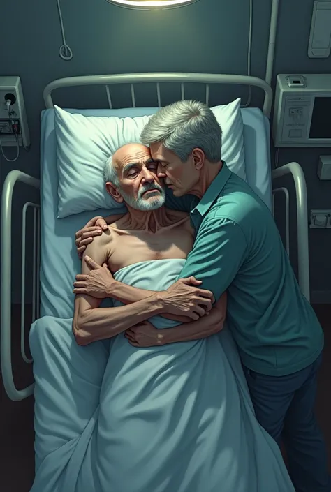  illustration of a age male lying in hospital,  from a distant vantage point ,  exposing the whole body , wearing hospital clothes and someone hugging him next to him