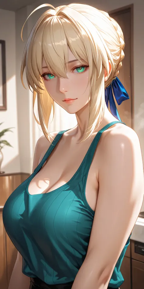 Masterpiece, very aesthetic, vibrant, high contrast, mature woman, artoria pendragon (lamcer) (fate), upper body, tank top, best quality, home, semrealistic, honkai: star rail cg style