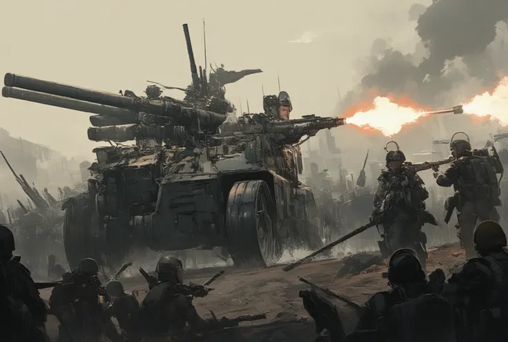 detailed surrealist digital painting of soldiers firing large howitzers, intense battle scenes with smoke, grim atmosphere, highly detailed, cinematic, dramatic lighting, muted color palette, photorealistic, 8k, (best quality, 4k, 8k, higher, masterpiece:1...