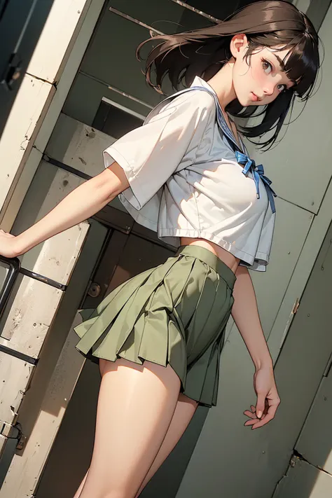 ((Female student coming down stairs )), (( top quality)),  clear , Photo style, ((Shorten your head,  long, slender eyes, Hazel Eyes, round face, Thin eyebrows, Huge G-cup breasts, Thin torso , Strong thighs,  big hips ,  white skin)), ((dark brown ponytai...