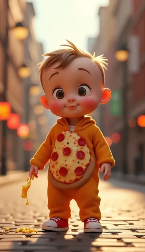 "A super cute baby boy standing on a lively city street, wearing a fun 3D Pixar-style pizza outfit. As he stands, a large slice of pizza hilariously slips from his outfit, landing on the ground and creating a funny, messy scene. The cheese stretches as it ...