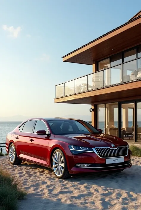 4. Beach House with a car: king bordó heavy metalic color, 2010 Škoda Superb TSI dsg II car with silver chrome polished wheels, A seaside house with a wooden deck and ocean views, with a car parked out front.