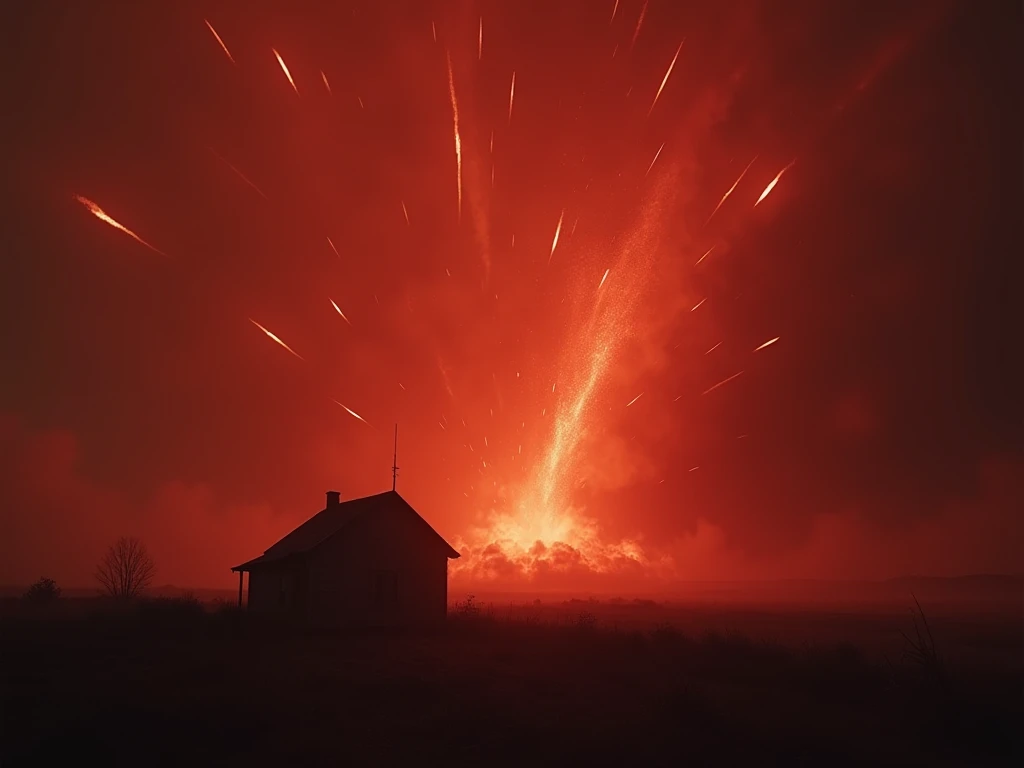  a video of a haunted house , The viewpoint is from the outside , Red sky aggressive meteors coming in droves with an explosion in a small house behind the house.