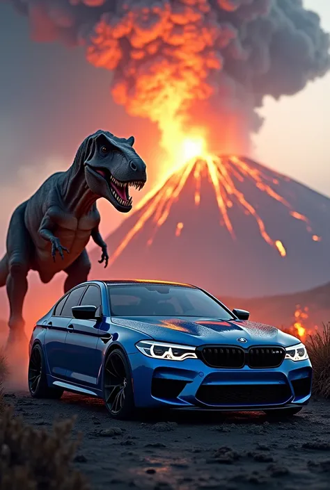 Generate a blue BMW m5 and the background being a T-Rex and the extreme background being an exploding volcano