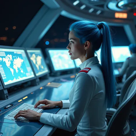 Within the sleek control room of a space station orbiting Earth, she dons a pristine uniform with insignias denoting her rank. Her long blue hair is neatly pinned up as she oversees holographic displays of interstellar maps and data.