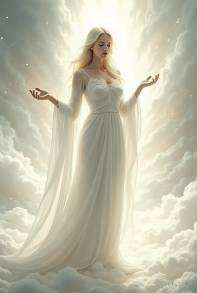 A white goddess standing with both her arms half raised