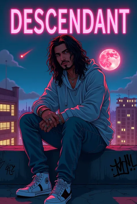 Here’s a detailed description for your "DESCENDANT" album cover so you can create or commission it:


---

Main Character (ME - Marwan)

Sitting on a rooftop at night, overlooking a neon-lit city.

Wearing loose oversized clothes, including denim jeans, a ...