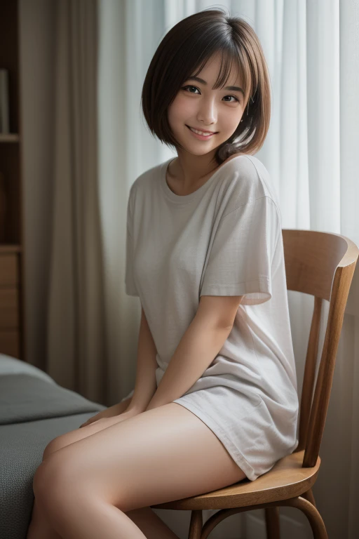  top quality,  focus on face , Soft light, ( depth of coverage) , Ultra High Resolution, ( photorealistic:1.4),  RAW Photo , ( Moody Lighting,   night :1.2), bedroom,
(Upper thigh:1.4)
 One Japanese Girl , Alone,  cute,  cute, (shy, smile:1.1), ( brown eye...