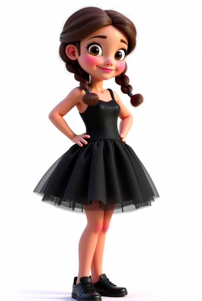 Create a girl in Disney animation style or pixel ,  centered and with an enchanting look . . She is dressed in a shiny black dress with shiny tulle that goes up to the knees.  This girl is approximately  ,  She is a bit chubby .  she has fair skin,  she ha...