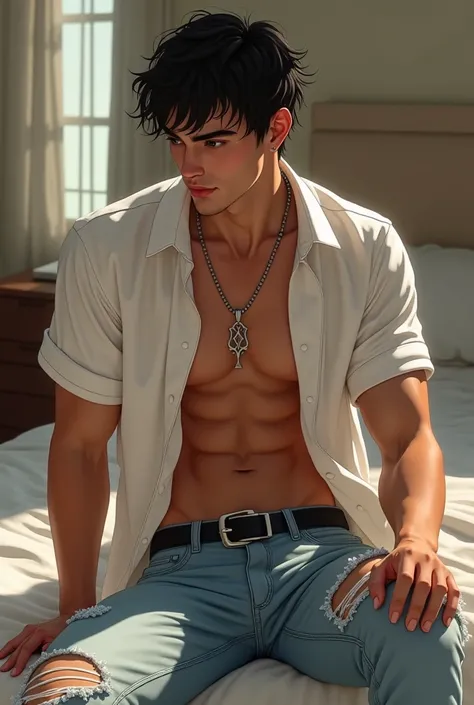 Black messy hair, slightly dark skin, short-sleeved open white shirt, muscles, sitting a bed, silver necklace, black belt, Light ripped model blue jeans pants, a young man, looking sideways, The sun is shining down on the man