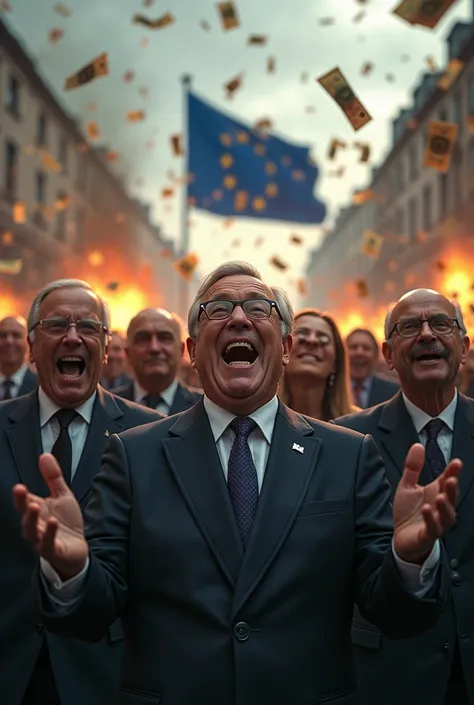 EU politicians laughing, war, guns, fire, EU flag, euros raining from the sky, 