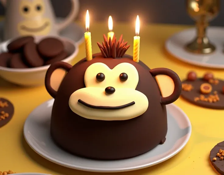 Here’s a detailed prompt for generating an image similar to the one you uploaded:

"Create a realistic birthday cake shaped like a monkey's face. The cake is circular with chocolate frosting covering most of the surface. The monkey's ears and mouth area ar...