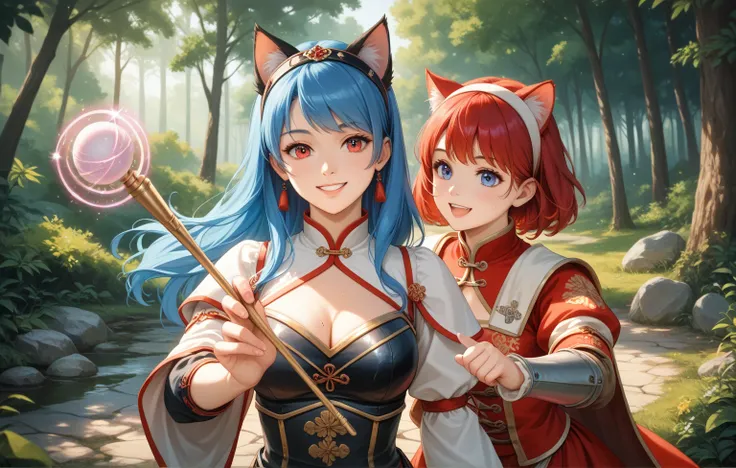 2girls, one woman with short hair reaching shoulder length, ligth blue hair, has cat ears,Wear black medieval armor. and one female Long hair reaching the middle of the back red hair, On the head is a headband decorated with tassels, Wearing a white cheong...