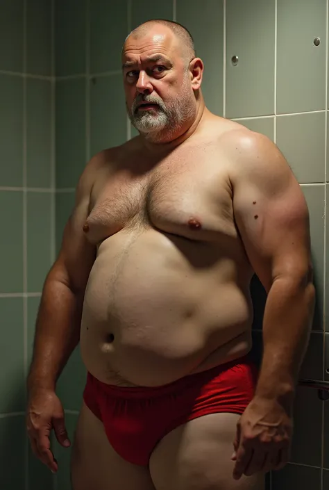 realistic skin, 1Man, oldman, 40years old, (((thin shaved hair, thin shaved beard))), stocky, lil bit buncit, tight red briefs, drooling, horny face, erect penis inside briefs, (full body, bathroom)