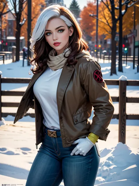 (masterpiece:1.0), (best_quality:1.2), (dark shot:1.3), Classic Rogue, 1991 Rogue X-Men, 1 girl, Only 1, head to toe view, she is standing near a wooden fence, elegant pose, (clothing: brown winter coat with a hood, down lining, white scarf, green shirt, g...