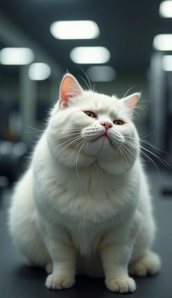 *"In the gym, the white, chubby cat pushes herself to exercise. She struggles a bit with lifting weights, her cheeks puffed in effort, but she's determined. The angel cat watches her with a supportive smile, offering encouragement. The gym’s bright lights ...