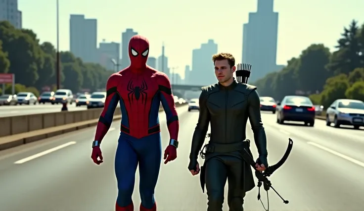 Make a picture of Spiderman with the green arrow walking together on the side of the highway for lots of people to see