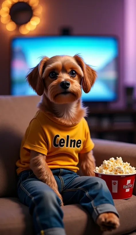  watching a movie while eating popcorn, Brown Maltese dog sitting comfortably on the sofa like a human ,  The costume is Celine's t-shirt and jeans,  surreal , picture,High definition, 