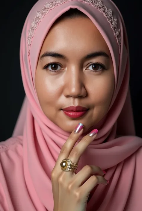 ((Masterpiece, High Quality, 8K, UHD, Hyper Realistic, Sharp Focus)). Extreme close up portrait of a seductive Malay mature woman. You have the image of a beautiful fully hijab woman showing her beauty nails, touching his sexy lips, Make her acrylic nails ...